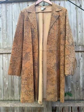 Coldwater Creek Floral Printed Tan Suede Duster Coat Leopard Bohemian Jacket
